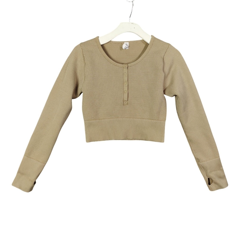 OFFLINE Aerie Womens Gorpcore Athleisure Henley Crop Top L Tan Waffle Knit Cozy